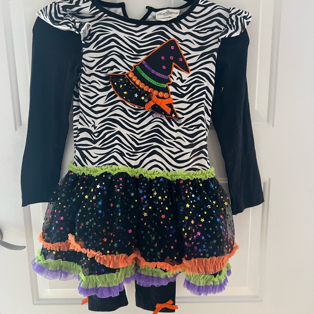 Girls Halloween Witch Hat Tutu Skirt Dress Outfit Zebra Print with Leggings